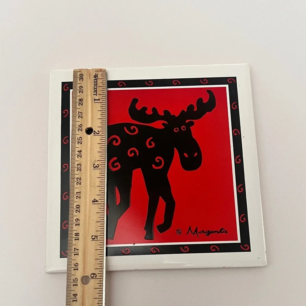Magenta Moose Ceramic Tile Trivet Cork Back Wall Hanging Red Black Lodge Decor